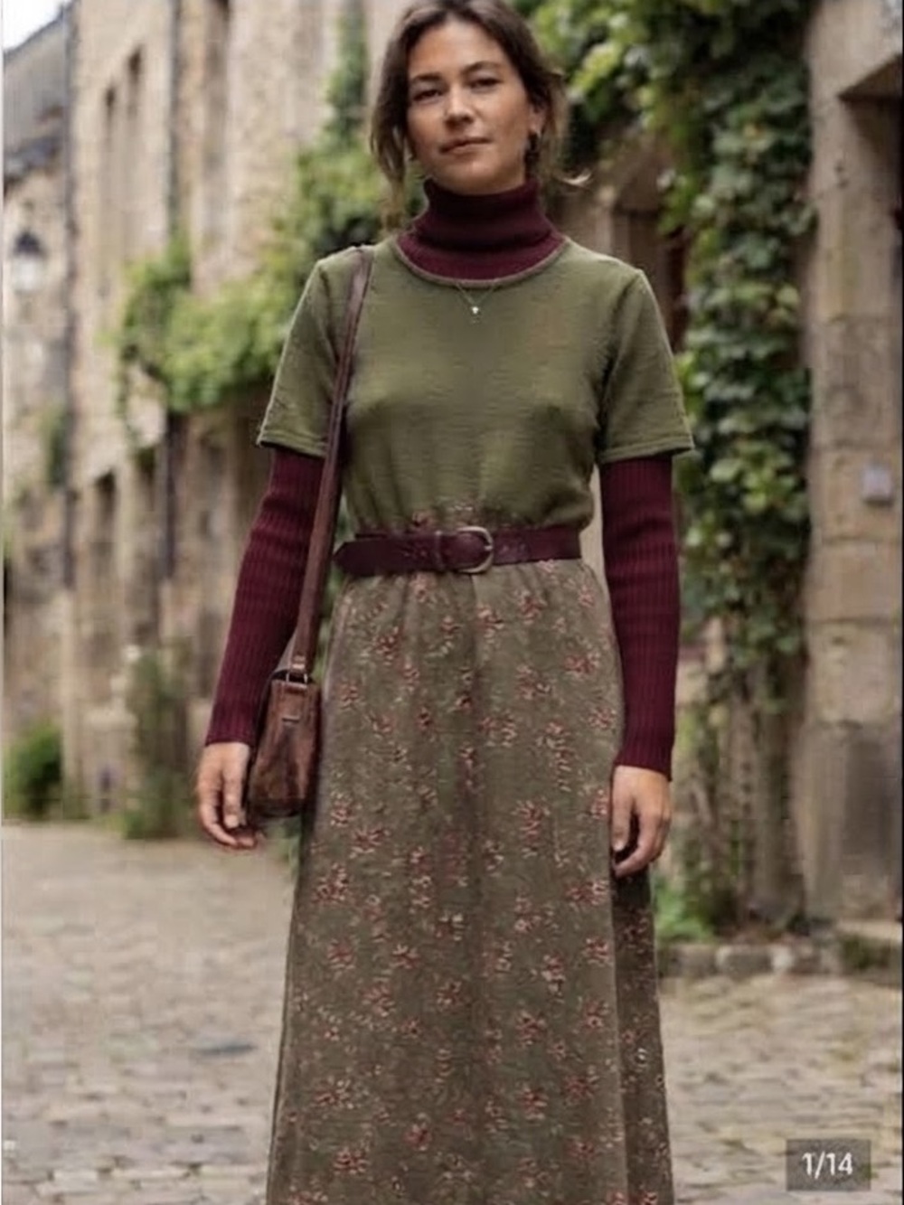 Vintage 90s Tristan & Iseut Olive Green Merino Wood Blend Floral Maxi Dress L